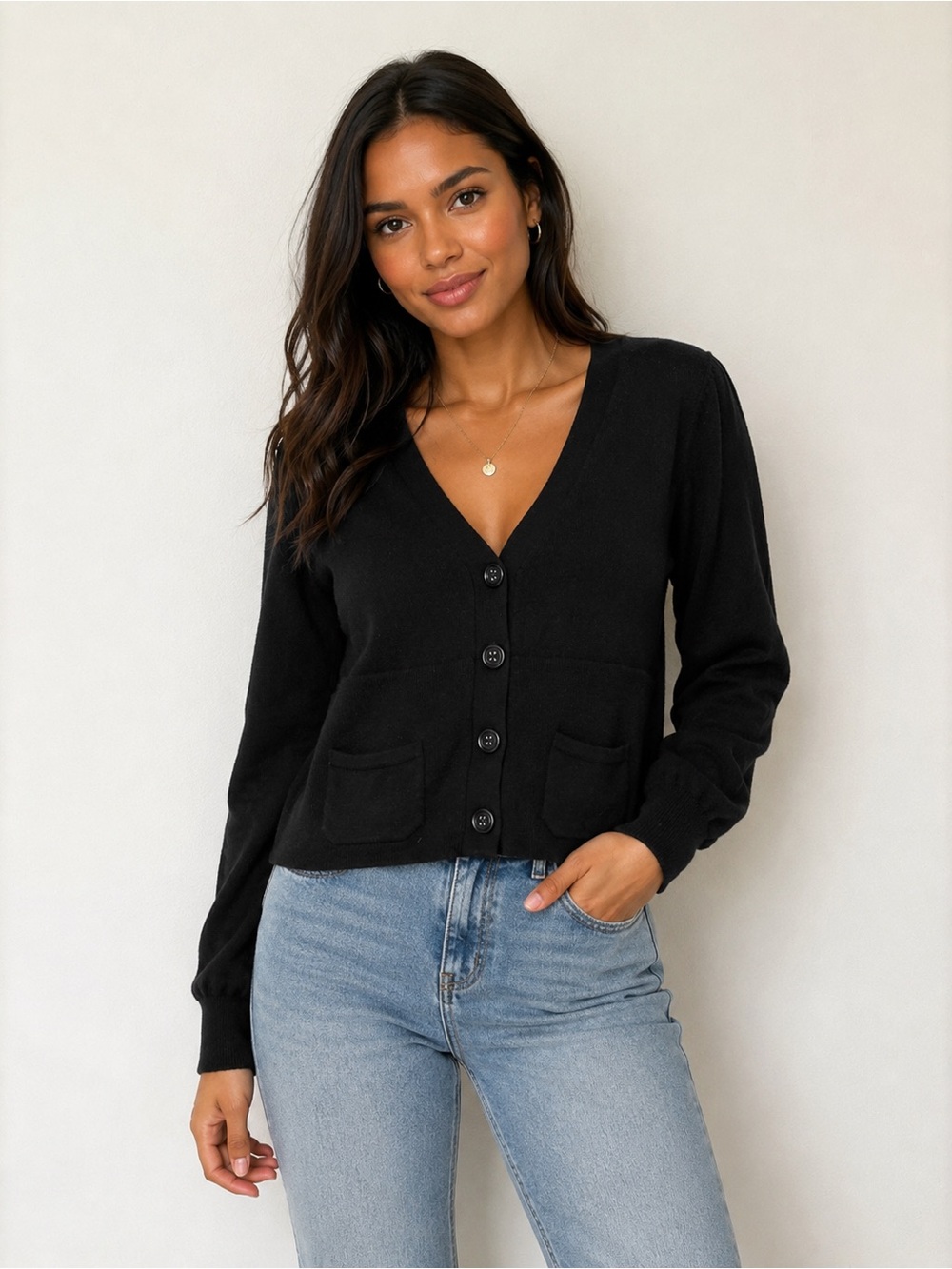 Sarah Spencer 100% Italian Merino Wool Black Cardigan L/G Y2K
